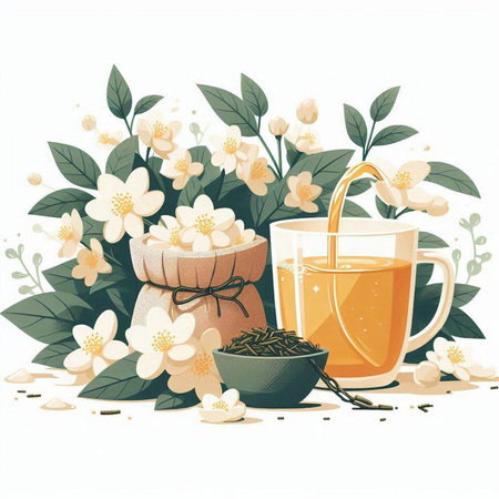 Jasmine tea with jasmine flowers. Vector illustration.のイラスト素材
