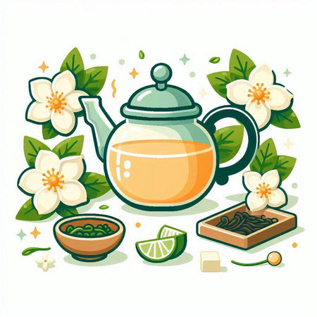 Green tea with jasmine flowers and teapot vector illustrationのイラスト素材