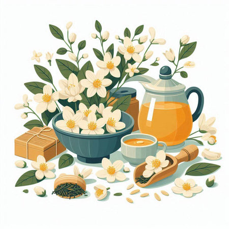 Vector illustration of jasmine tea in a bowl, teapot, green tea leaves, flowers and fruit.のイラスト素材