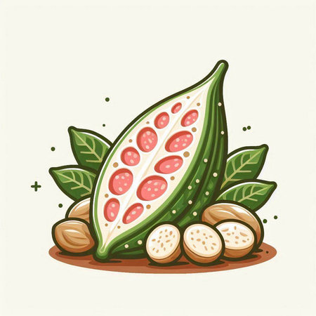 Cocoa fruit with green leaves and seeds. Vector illustration.のイラスト素材