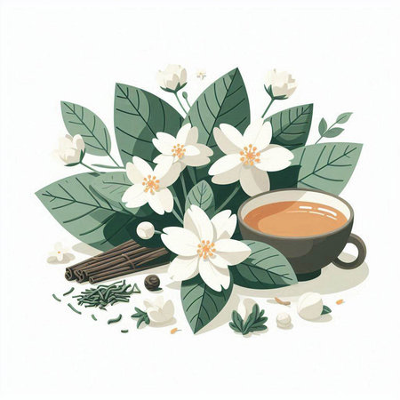 Cup of tea with jasmine flowers. Vector illustration.のイラスト素材