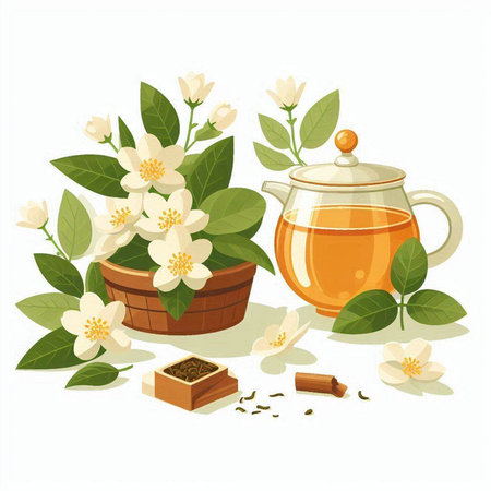 Jasmine tea with jasmine flowers. Vector illustration.のイラスト素材