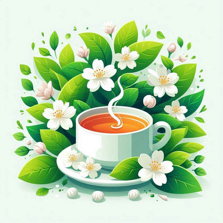 Cup of tea with jasmine flowers. Vector illustration.のイラスト素材