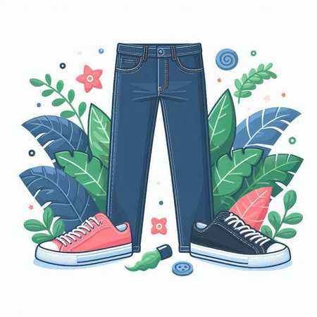 Vector illustration of a pair of jeans and sneakers with tropical leaves.のイラスト素材
