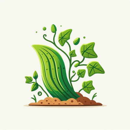 Cucumber plant with leaves and roots in the soil. Vector illustration.のイラスト素材