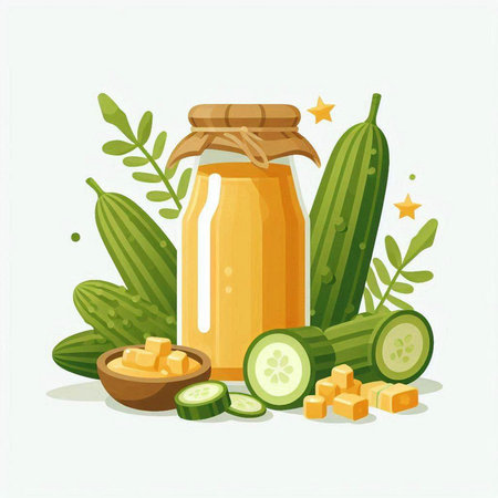 Cucumber juice in a glass jar and ingredients. Vector illustrationのイラスト素材