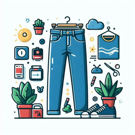 Jeans with different icons. Vector illustration in thin line style.のイラスト素材