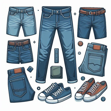 Set of jeans, shoes and accessories. Vector illustration in cartoon style.のイラスト素材