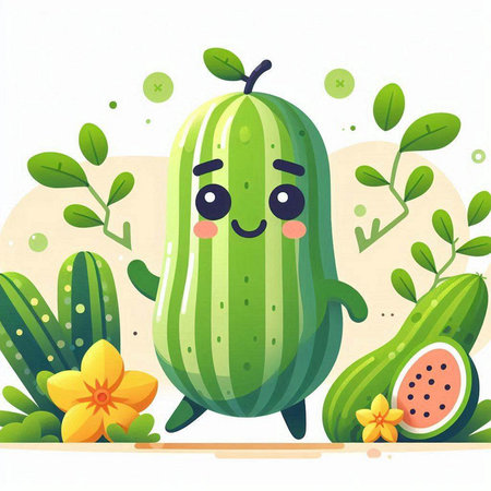 Cucumber character with flowers. Cucumber vector illustration.のイラスト素材