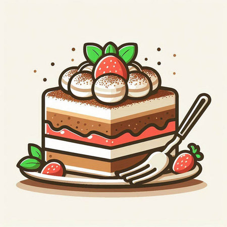 Illustration of a piece of cake with cream and strawberries on a white backgroundのイラスト素材