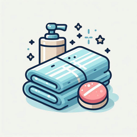 Vector illustration of bath accessories. Towel, soap and shampoo.のイラスト素材