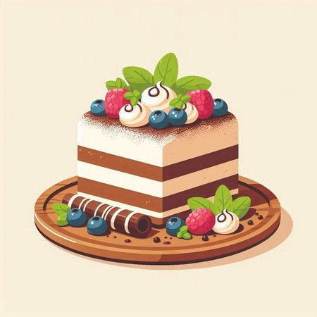 Vector illustration of a piece of cake with berries on a wooden plateのイラスト素材