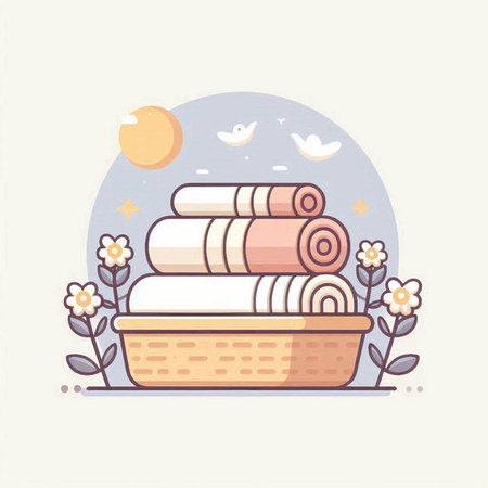 Towels in a basket. Vector illustration in flat style.のイラスト素材