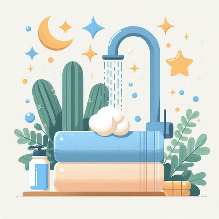 Vector illustration of a bathtub with soap, shampoo, shower, cactus and stars.のイラスト素材