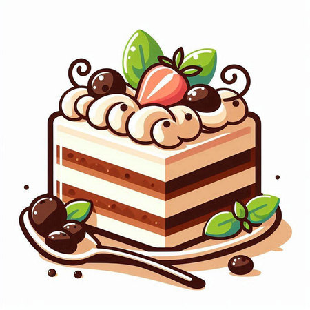 Illustration of a piece of cake with cherries and mint leavesのイラスト素材