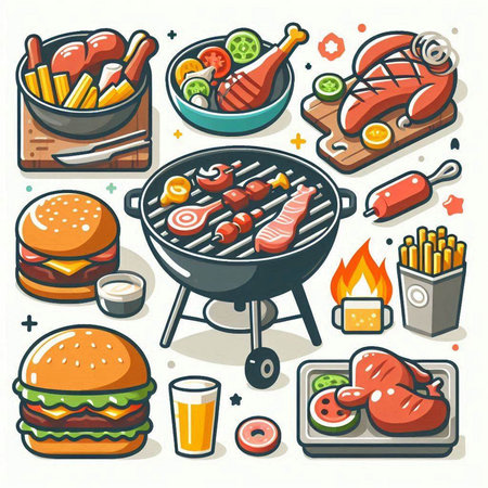 BBQ party icon set in cartoon style. Vector illustration of grill food.のイラスト素材
