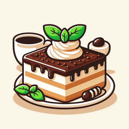 Piece of chocolate cake with whipped cream and mint leaves. Vector illustration.のイラスト素材
