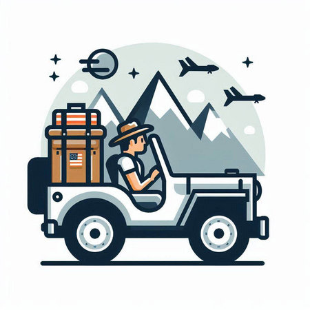 Tourist on the off-road car with luggage. Vector illustration.のイラスト素材