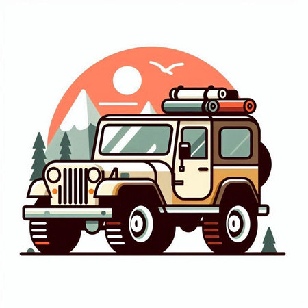 Off-road vehicle in the mountains. Vector illustration in a flat style.のイラスト素材