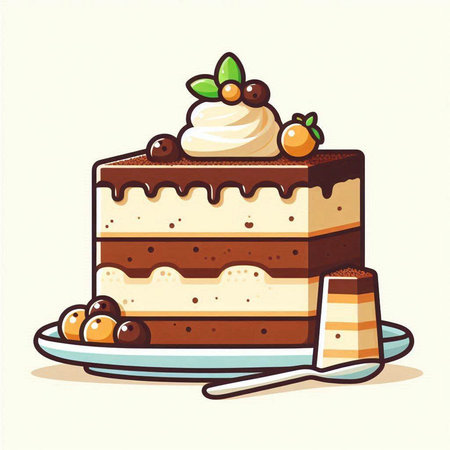 Cake with cream and chocolate. Vector illustration in cartoon style.のイラスト素材