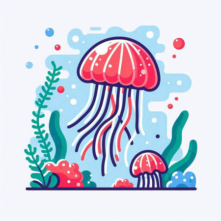 Jellyfish in the sea. Vector illustration in flat style.のイラスト素材