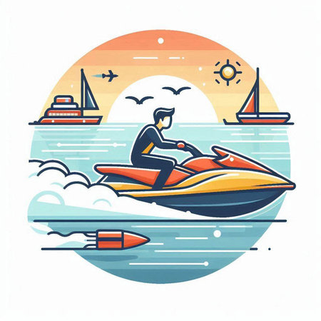Vector illustration of a man riding a jet ski on the sea.のイラスト素材