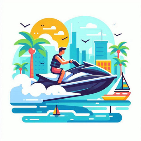 Man riding jet ski on the sea. Summer vacation concept. Vector illustrationのイラスト素材