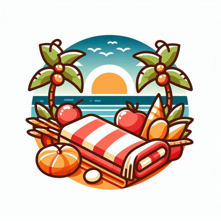 Vector illustration of a beach towel, palm trees, sun, sea and coconutのイラスト素材