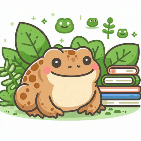 Cute frog with leaves and books. Vector illustration of cartoon frog.のイラスト素材
