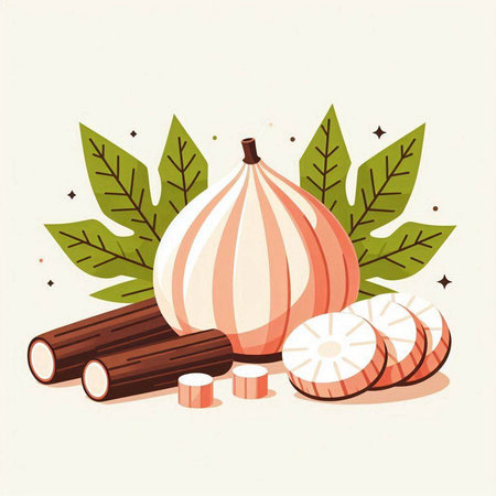 Spices and herbs vector illustration. Garlic, onion, pepper, cinnamon, ginger, cloves.のイラスト素材