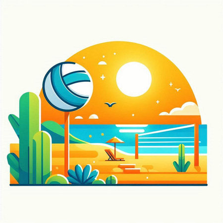 Summer beach background with a ball and palm trees. Vector illustration.のイラスト素材