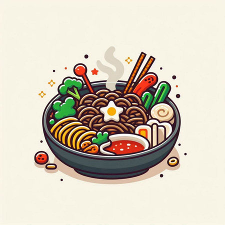 Noodles in a bowl with chopsticks. Vector illustration.のイラスト素材