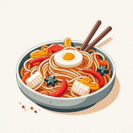Illustration of a bowl of noodle with chopsticks and fried eggのイラスト素材