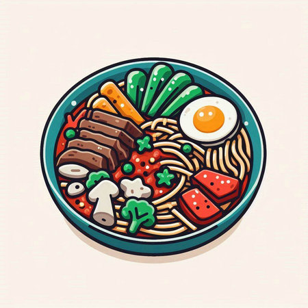 Bowl of noodle with vegetables and meat. Vector illustration.のイラスト素材