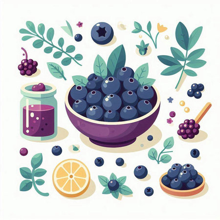 Blueberry fruits and berries in bowl. Vector illustration in flat style.のイラスト素材
