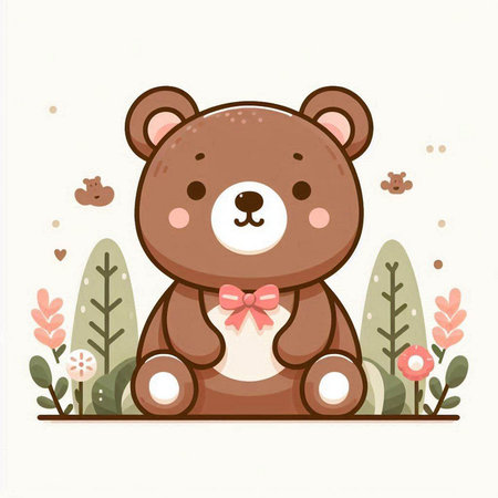 Cute cartoon bear sitting on the grass and flowers. Vector illustration.のイラスト素材