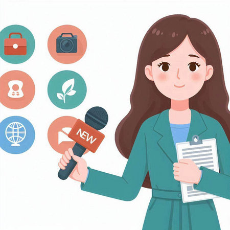 Illustration of a female reporter holding a microphone and a report.のイラスト素材