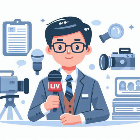 Journalist with microphone. Vector illustration in a flat style. News concept.のイラスト素材
