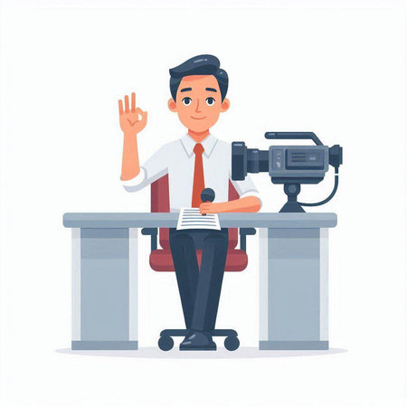 Journalist or news anchor. Flat vector illustration in cartoon style.のイラスト素材
