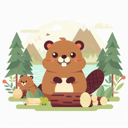 Cute beaver on the background of the forest. Vector illustrationのイラスト素材