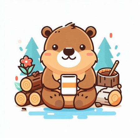 Cute bear with a mug of coffee in his hand, vector illustrationのイラスト素材