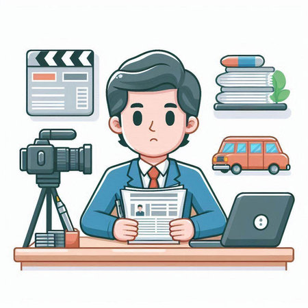 Businessman holding newspaper and video camera. Vector illustration of businessman character.のイラスト素材