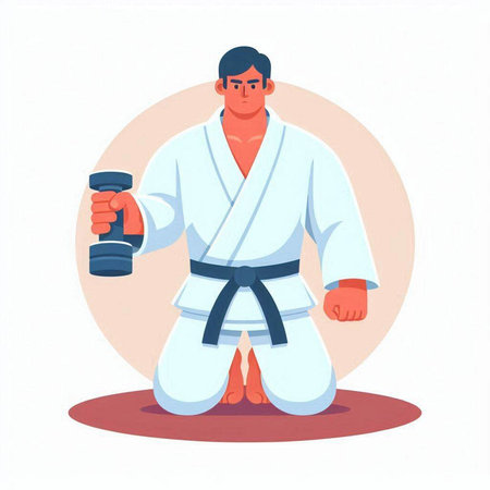Karate man with dumbbell. Vector illustration in cartoon style.のイラスト素材