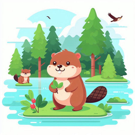 Beaver in the forest. Cute cartoon character. Vector illustrationのイラスト素材