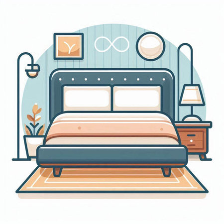 Vector illustration of a cozy bedroom with double bed. Flat style design.のイラスト素材