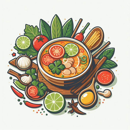 Thai food, Tom Yum soup in bowl. Vector illustration.のイラスト素材