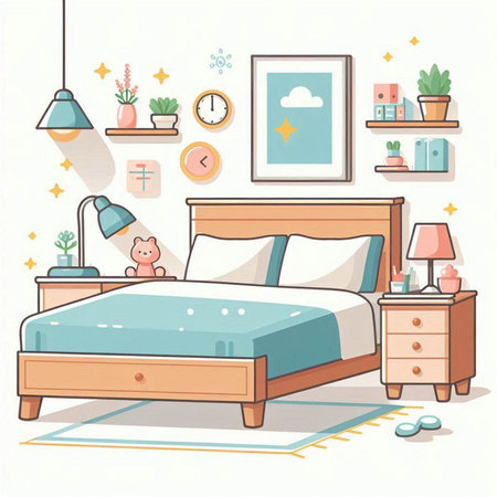 Bedroom interior. Vector illustration in cartoon style. Bedroom with bed, lamp, nightstand, nightstands and other items.のイラスト素材