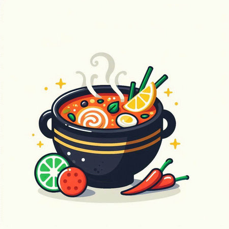 Soup with vegetables and herbs in a pot. Vector illustration.のイラスト素材