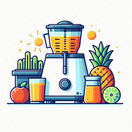 Juicer with fruits and juice in flat style. Vector illustration.のイラスト素材