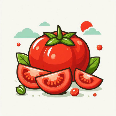 Tomato icon. Vector illustration of a tomato with drops of water.のイラスト素材